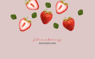 Strawberry background, realistic strawberry fruit, summer banner, delicious fresh fruits vector