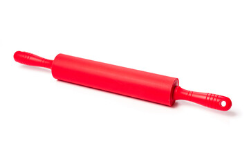 red rolling pin with silicone coating for rolling dough on a white background.
