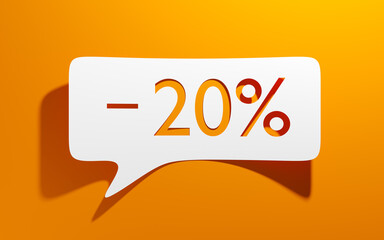 -20% paper cut speech bubble concept, concept of discount, sale, preferential mortgage or lending rate, 3d rendering