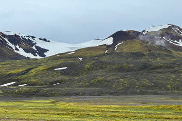 Snow on mountain peaks in the highlands in Iceland