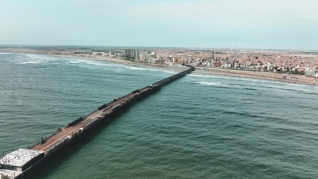 Aerial drone view move Pimentel at a sunny day in Chiclayo, Lambayeque, Peru.
