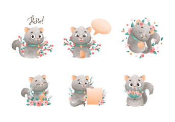 Cute Grey Cat with Neck Collar Sitting in Flowers with Empty Placard and Speech Bubble Vector Set