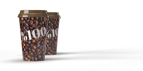 Two 100% Coffee Stamp mock-up paper cup with brown beans template. Your brand on white background with clipping path and copy space. 3D render realistic vector illustration Take Away To Go Design