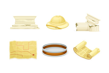 Archeology Tools and Ancient Artifact with Map, Papyrus Scroll, Hat, and Roman Column Vector Set