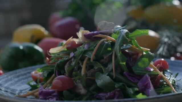 Close-up of fresh salad made of red cabbige, tomatoes, onions, basil, arugula and pieces of fried meat