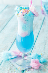 Close up of a sweet cotton candy float, ready for drinking.