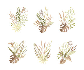 Fototapeta premium Tropical Leaves, Foliage and Flora Botanical Composition and Bouquet Vector Set