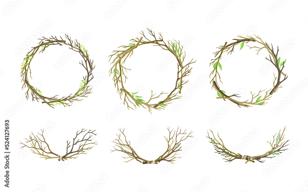 Aufkleber bare tree branch tied in semi circle and wreath vector set