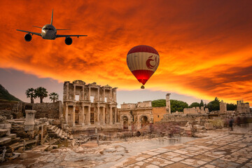 ephesus tourism destination celsus library burning sky hot air baloon and airplane