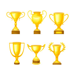 Winner Yellow Cup Award and Trophy on Pedestal for Successful Competition Vector Set