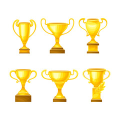 Winner Yellow Cup Award and Trophy on Pedestal for Successful Competition Vector Set