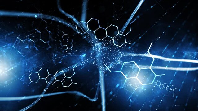 Blue shining neuron cell and chemical bonds animation.