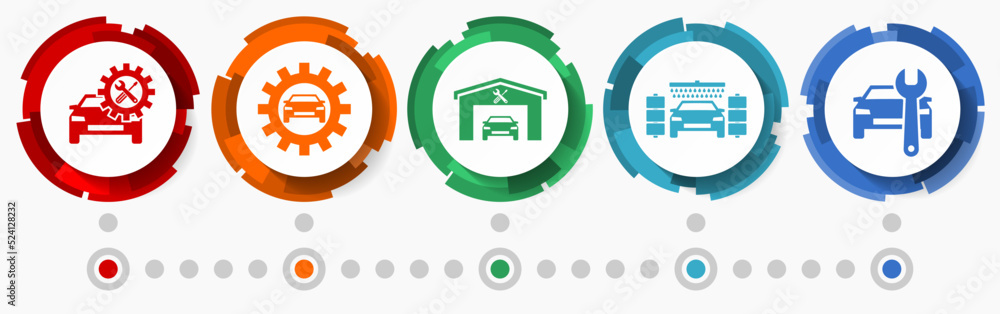 Poster car serivces vector icon set, auto wash and workshop flat design web buttons, infographic template