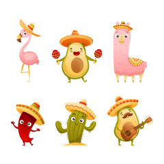 Mexican Culture Symbols with Cute Avocado, Cactus and Llama in Sombrero Hat Playing Maracas Vector Set