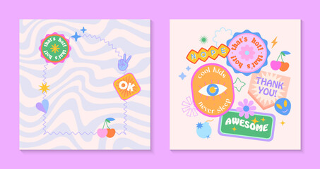 Vector set of cute funny templates with patches and stickers in 90s style.Modern symbols in y2k aesthetic with text.Trendy kidcore designs for banners,social media marketing,branding,packaging,covers