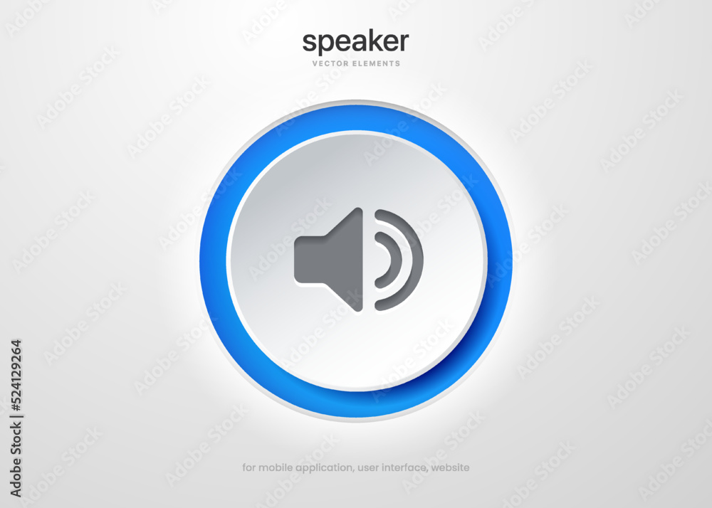 Fototapete Speaker and sound icon. Computer voice icon. Megaphone and music icon. Sound pictogram. Musical note. Audio sign. UI UX element. Sound button. Audio system, noise with soft UI, push button.