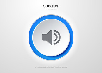 Speaker and sound icon. Computer voice icon. Megaphone and music icon. Sound pictogram. Musical note. Audio sign. UI UX element. Sound button. Audio system, noise with soft UI, push button.