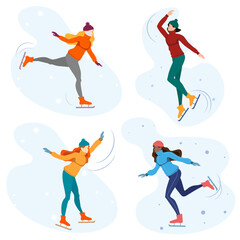 girls skating on ice in winter in a blue,green, orange hat on a blue background