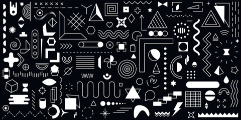 Set of 100+ vector geometric shapes. Memphis trendy graphic elements. Template for your project, advertising, banner, poster, t-shirt. Black and white style.