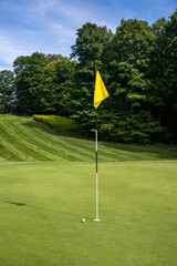 Golf ball next to the hole with flag, putt, golf game, green