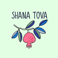 Rosh Hashana greeting vector background. Wishing Happy New Year in Hebrew. Hand-lettered text decorated with hand drawn pomegranate branch. Isolated on the green