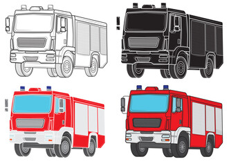 Set of aFire truck ambulance car.Side view.Vector illustration.