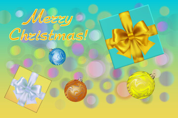 Xmas design of realistic gifts box, colored balls and glitter gold ribbons. Blue and yellow background, bokeh spreading into light and soft circles alternately beautiful. Horizontal Christmas banner.