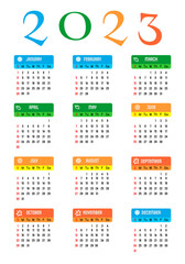 Calendar 2023 in English. Calendar with division into seasons: winter, spring, summer, autumn, winter. The days of the week are at the top, week start Sunday. Vector illustration