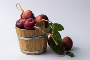 basket of plums on a white background