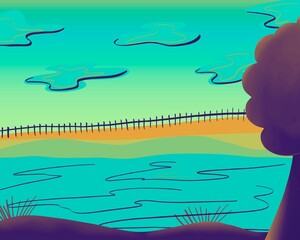 Calm and mysterious landscape in light blue tones, country style with a fence surrounding the environment, tree, grass, sky, clouds