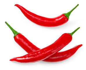 red hot chili peppers isolated on white background top view. clipping path
