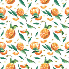 Mandarin. Watercolor seamless pattern. White background