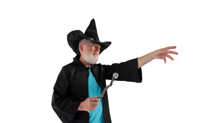old wizard man  shows magic wand in a Halloween costume, on a white background