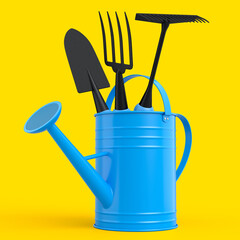 Watering can with garden tools like shovel, rake and fork on yellow background.