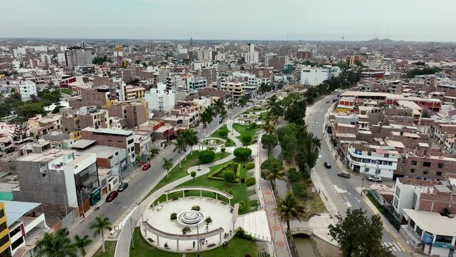 Aerial view of the "Paseo Las Musas" park in Chiclayo, Lambayeque, Peru.