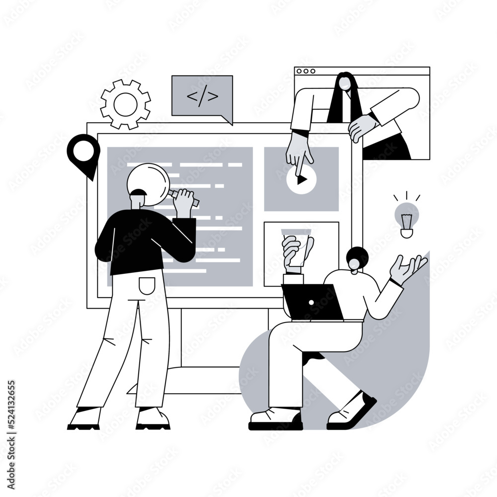 Poster software development team abstract concept vector illustration. remote teamwork, digital team on dem