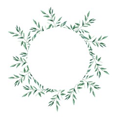 Green floral wreath, circle frame isolated on white background. Pistachio branches. For wedding stationery, invitations, save the date, greeting card, logos, stickers, backgrounds.