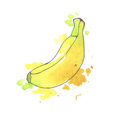 Watercolor illustrations bananas isolated on white background. Fruit. Hand drawing. Yellow watercolor splatter. Vegetarian food. Beautiful illustration.