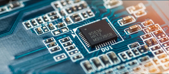 Modern printed circuit board, electronic circuit board, textolite. Background banner.
