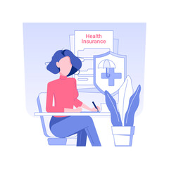 Employee healthcare insurance isolated concept vector illustration. Smiling woman signs document to get healthcare insurance, business etiquette, company rules, social security vector concept.
