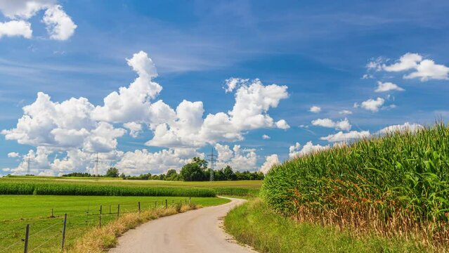 Daytime time lapse panorama of the road in the fields with power pylons outside the city against the backdrop of clouds floating across the blue sky. Idyllic landscape
