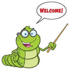 Book Worm Teacher Cartoon Character With Glasses Gesturing With A Pointer. Hand Drawn Illustration Isolated On Transparent Background