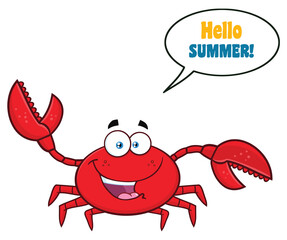 Happy Crab Cartoon Mascot Character Waving For Greeting. Hand Drawn Illustration Isolated On Transparent Background