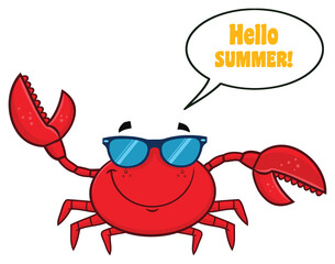 Smiling Crab Cartoon Mascot Character With Sunglasses Waving. Hand Drawn Illustration Isolated On Transparent Background
