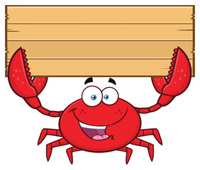 Crab Cartoon Mascot Character Holding Wooden Blank Sign. Hand Drawn Illustration Isolated On Transparent Background