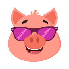 Smiling Pig Cartoon Character Face Portrait With Sunglasses. Hand Drawn Illustration Isolated On Transparent Background 