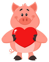 Cute Pig Cartoon Character Holding A Valentine Love Heart. Hand Drawn Illustration Isolated On Transparent Background 