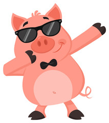 Funny Pig Cartoon Character With Sunglasses Dab Dabbing. Hand Drawn Illustration Isolated On Transparent Background 