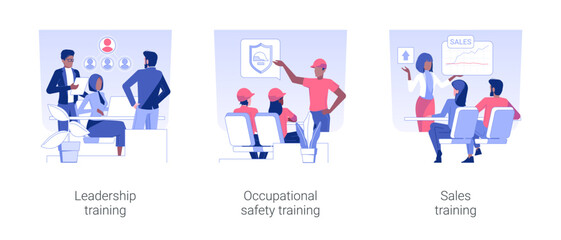 Employee training isolated concept vector illustration set. Leadership training program, occupational safety course, sales coaching, corporate business education, office lifestyle vector cartoon.