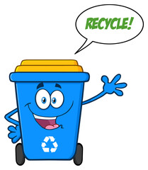 Happy Blue Recycle Bin Cartoon Mascot Character Waving For Greeting With Speech Bubble And Text Recycle. Hand Drawn Illustration Isolated On Transparent Background 